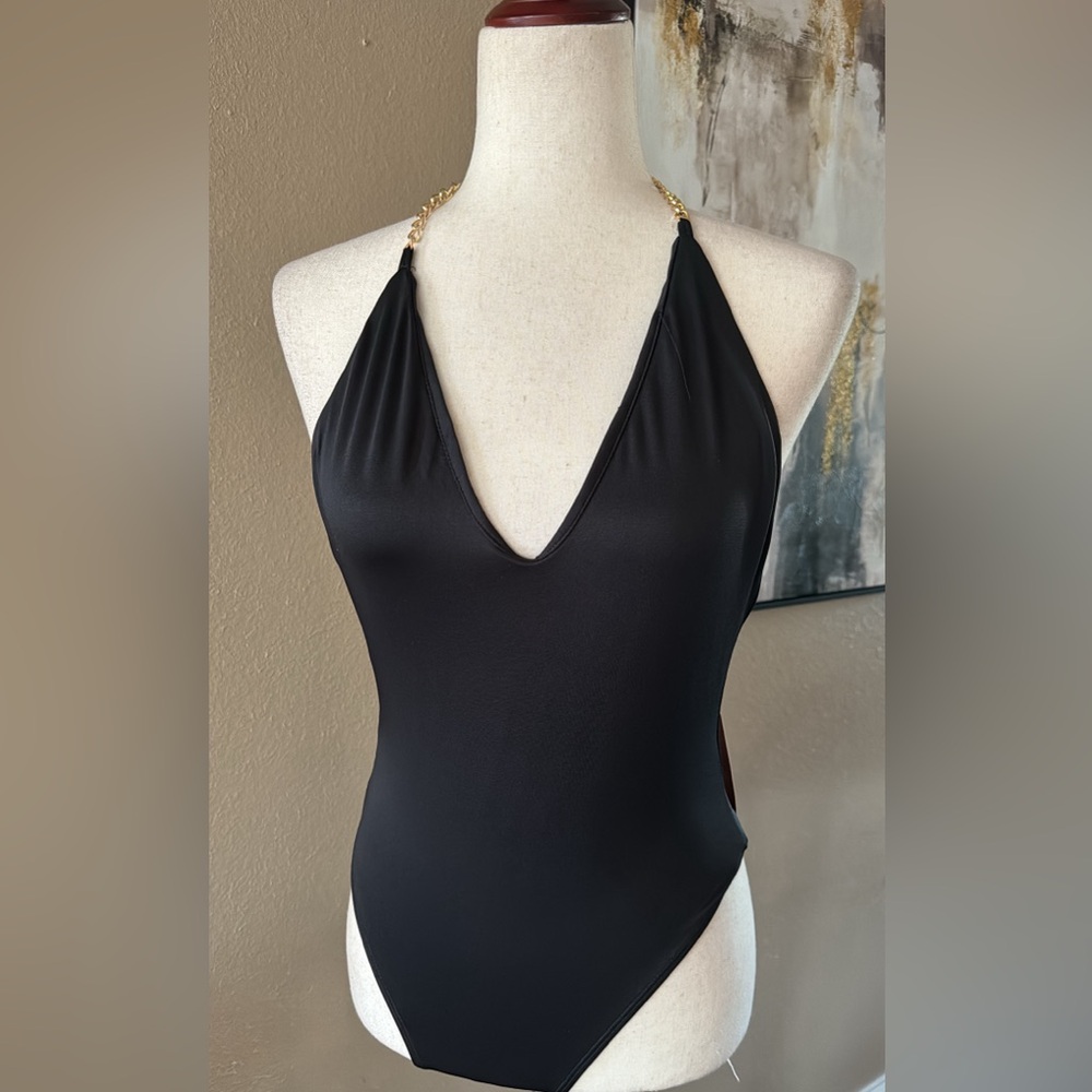 Black chain halter bodysuit chic